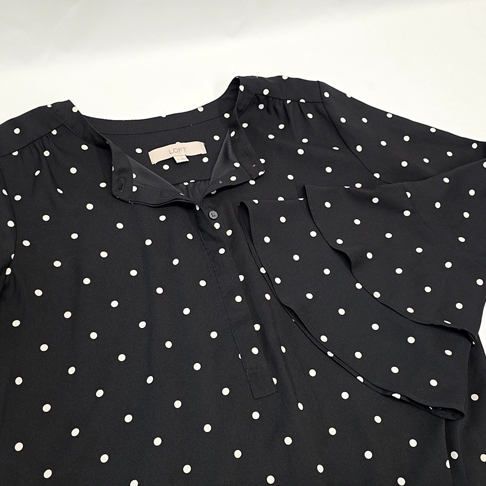 LOFT Dress Womens Medium Black Polka Dot Tiered Ruffle Bell Sleeve Shift